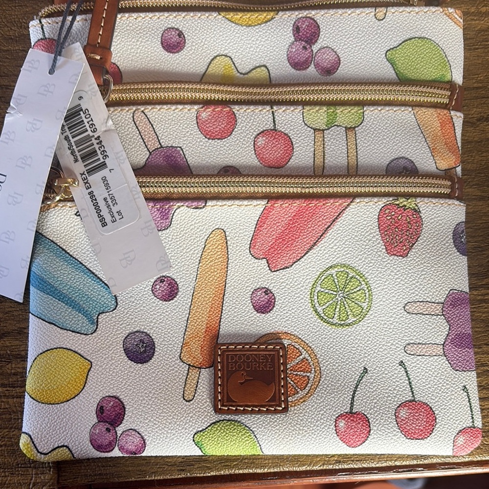 New w Tags Dooney & Bourke Popsicle Print Crossbody Bag North/South Triple Zip